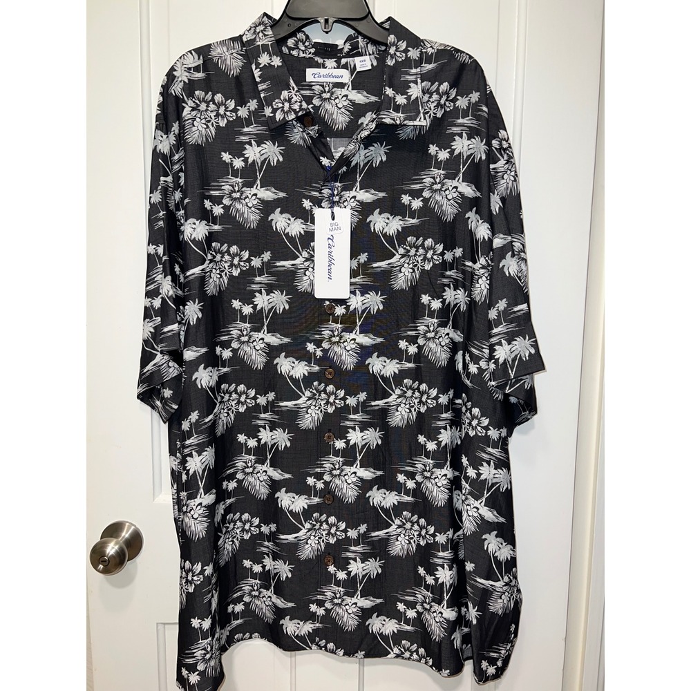 NEW Caribbean Big Man Black White Palm Tree Floral Modal Blend Button Shirt 4XB
